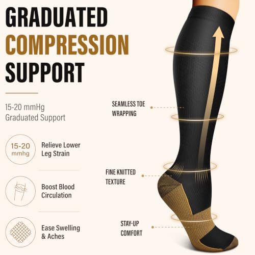 FEYHAY Copper Compression Socks (3 Pairs) 15-20 mmHg Circulation is Best Athletic & Daily for Men & Women, Running, Climbing - color: 01 Copper Black, size: Small-Medium