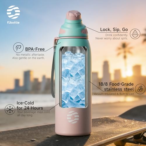 FJbottle 50oz Stainless Steel Insulated Water Bottle No Straw Spout Lid - color: Green-Pink, size: 50 Ounces