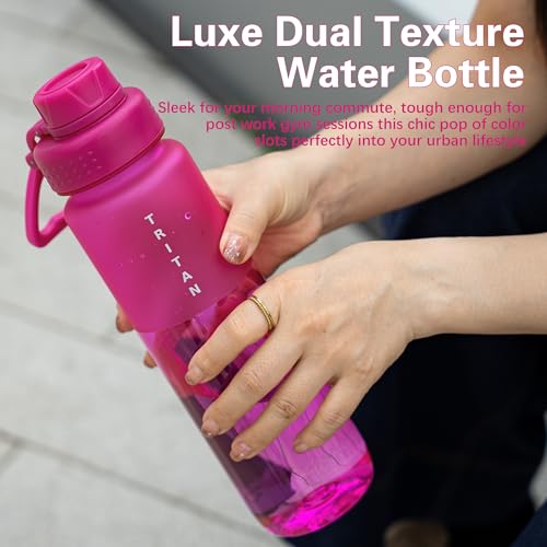 OLDLEY 32 oz Water Bottle with Handle, BPA-Free Tritan Reusable Sports Water Bottle with Leak-Proof Dust Lid, Wide Mouth, Cup Holder Friendly, Half Frosted Clear Bottle for Gym, Travel, Work,Hot Pink - color: Hot Pink
