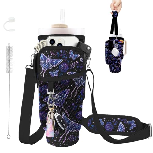 Water Bottle Carrier Bag for Stanley Cup 40/30oz, Neoprene Water Bottle Holder Pouch with 3 Pocket Adjustable Shoulder & Hand Strap - color: Purple Butterfly