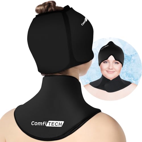 ComfiTECH Migraine Relief Cap, Head Neck Ice Pack Wrap Gel Set, Black, L - size: Large, style: Black