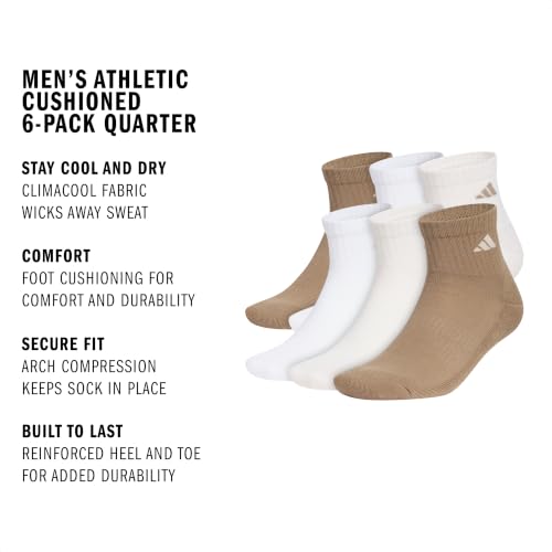 adidas Men's Athletic Cushioned Quarter Ankle Socks 6 Pairs - color: Khaki Six/White/Crystal Linen Beige, size: Medium