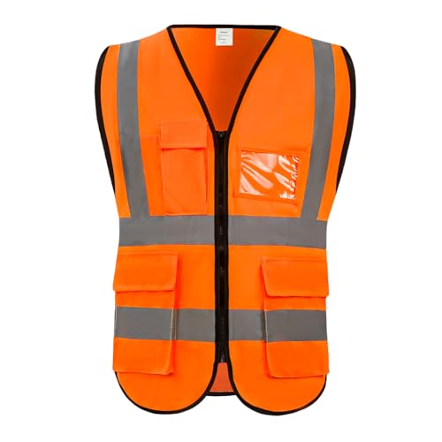 High Visibility Safety Vest with Pockets and Zipper, 1 Pack 5 Pack - color: Orange-red, size: XX-Large