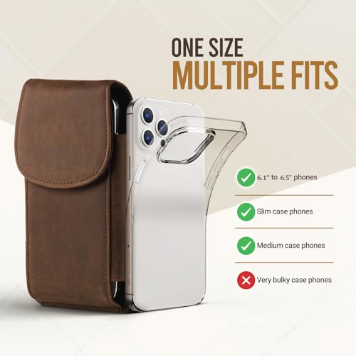 Top Grain Leather Phone Holster Cell Phone Holster with Belt Clip/Loop, Phone Pouch Belt Holder Carrying Case Fits for iPhone 16 Plus 15 Plus Samsung Galaxy S26 Ultra S25 Edge (Retro Brown) - color: Retro Brown
