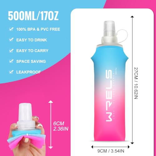 WRELS TPU Soft Flask Lightweight Portable Reusable Water Bottle,BPA Free Collapsible Flask for Hydration Pack in Running Hiking Cycling and Marathon - color: Blue-pink-500ML*2
