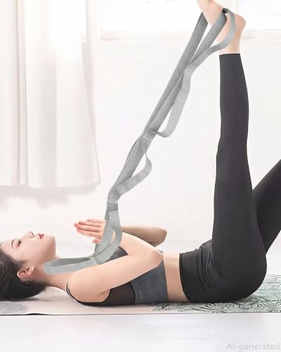 10 Loop Yoga Stretching Strap for Physical Therapy - Non-Elastic Exercise Band for Pilates, Yoga, Stretching for Women & Men - color: Grey