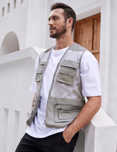 Gihuo Men's Utility Vest Fishing Safari Vest Summer Travel Vest with Pockets - color: Beige, size: Small