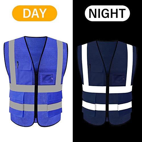 HYCOPROT High Visibility Mesh Safety Reflective Vest with Pockets and Zipper, Meets ANSI/ISEA Standards - color: Blue, size: Small
