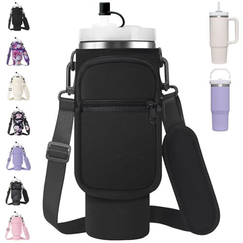 AceTreker Water Bottle Carrier Bag with Strap for Stanley 40/30 oz Tumbler Neoprene Insulated Cup Holder Sleeve with Phone Pocket & Straw Cover for Stanley Cup Accessories - color: 01-Black, style: 40 Oz