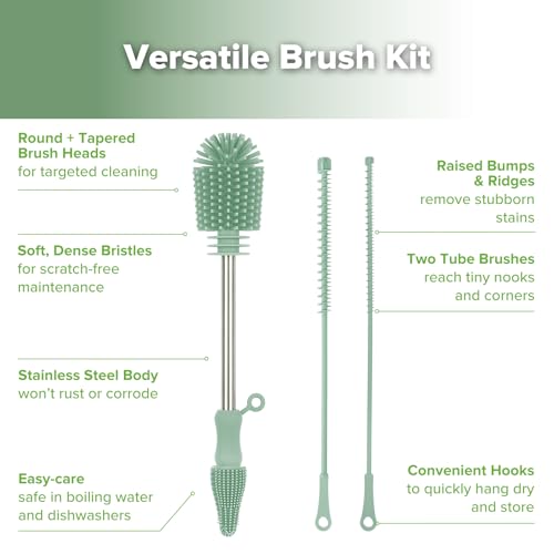 Haakaa Silicone Cleaning Brush Kit,Green,Portable Bottle Brush Cleaner - color: Pea Green, size: 3 Piece Set