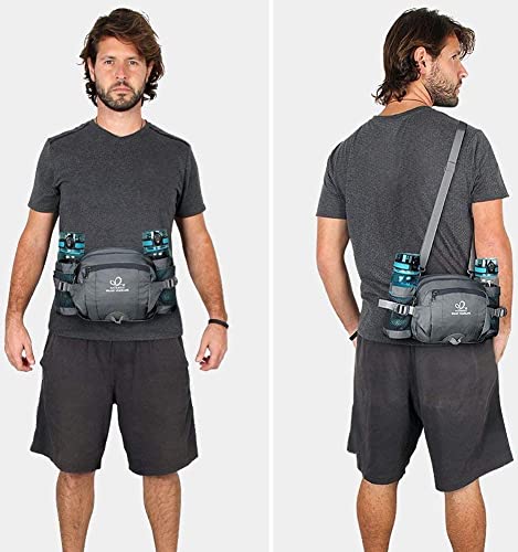 WATERFLY Fanny Pack Waist Bag: Fannie Pack 2 Water Bottle Holders Lumbar Belt Hiking Walking Running Jogging Camping Large Woman Man (Bottle Not Included) - color: Gray