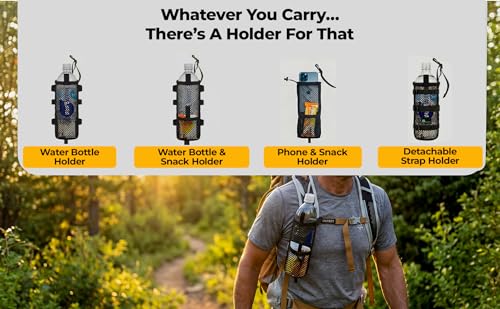 Water Bottle Holder for Backpack Non-Detachable Shoulder Straps - Fits 1L Smartwater, Detachable Rear Clips, Ultralight 0.7 oz, Durable Nylon Mesh Backpack Attachment