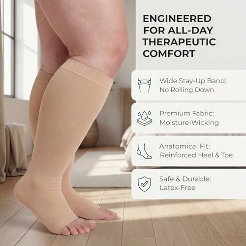 MGANG Plus Size Medical Compression Stockings for Women & Men, Open Toe - color: Knee High Open Toe Beige, size: 6X-Large