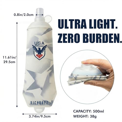 Richboyz 500ml Running Soft Flask: Leakproof TPU Hydration Bottle for Trail Runners & Cyclists & Hikers – Lightweight & BPA-Free Folding Water Bottle (Grey Eagle)