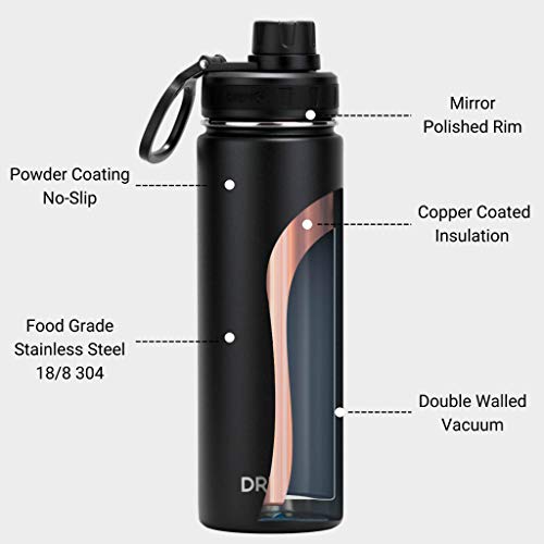 Drinco Stainless Steel Water Bottle Spout Lid Vacuum Insulated Double Wall Water Bottle Wide Mouth Leak Proof Keep Cold Sport Camping Hiking - color: 22oz Black
