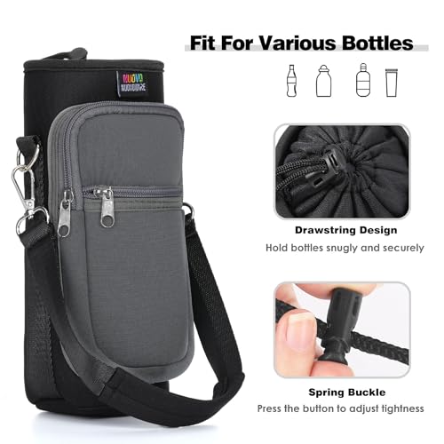 Nuovoware Water Bottle Carrier Bag, 25oz/32oz Bottle Holder with Adjustable Shoulder Strap, 2 Pocket Sling Bag - Neoprene Sleeve for Hiking, Travelling - Black/Gray - color: Black/Gray, size: 25-32 Ounces - Standard