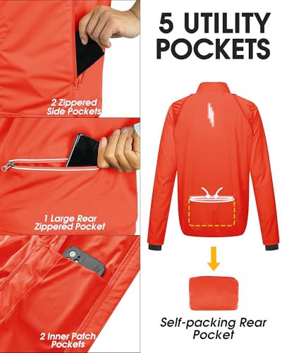 33,000ft Men's Packable Cycling Jacket Waterproof Running Vest Outerwear - color: Tangerine, size: Large
