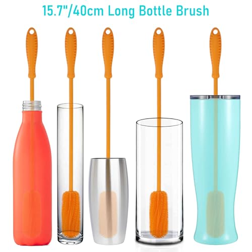 Silicone Bottle Brush, 15.7" Water Bottle Cleaner Brush, Orange - color: Long Orange