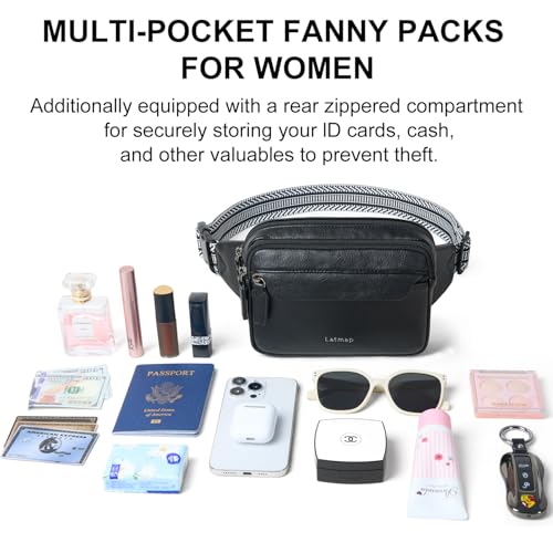 LATMAP 3L Fanny Packs for Women Cross Body Bag Vegan Leather Belt Bag Black - color: Black
