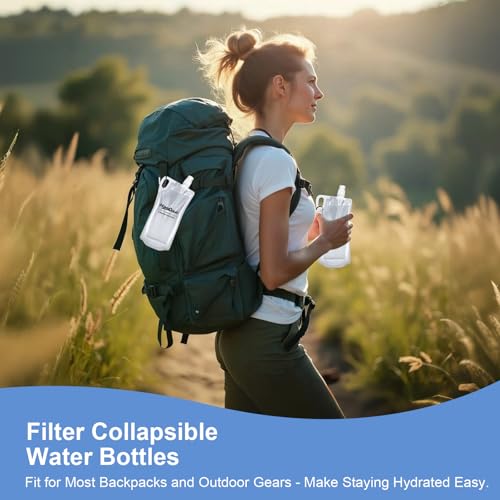 2 Pack Collapsible Water Bottles, 1L Hiking Water Flasks (2L Total) - 33oz BPA-Free Reusable Drink Bags With Carabiners and Handles, Squeeze Water through a Filter or Use as Water Bottles