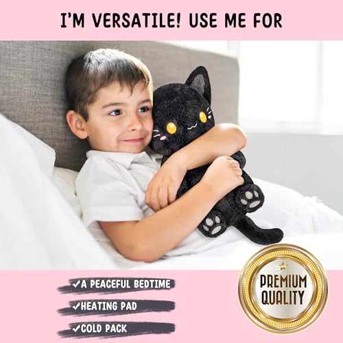 Black Cat Microwavable 1.5 lbs Unscented Heating Pad for Women and Kids- Cute Soft Cozy Pillow Plush Heatable Warm Stuffed Animals - Kawaii Hot and Cold Plushie - Black Cat Gifts for Girls and Women - color: Black Cat