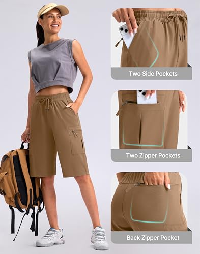 Viodia 13'' Women's Hiking Cargo Shorts Knee Length with Zipper Pockets - color: Dark Khaki, size: Medium