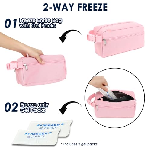 GYEUKHAM Freezable Lunch Bag,Reusable & Collapsible Mini Cooler for Adults,Insulated Lunch Box with Ice Packs,Freezable Snack Bag with Handle Buckle, On-the-Go,Pink - color: Pink+Ice pack