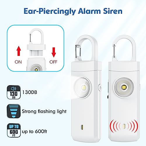 Rechargeable Personal Alarms for Women - Christmas Birthday Gifts for Women, Stocking Stuffers for Teen Girl, Daughter, Safety Keychain Flashlight, Siren Alarm, Travel College Essentials (White) - color: White