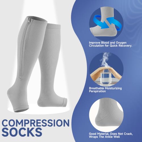 bropite Zipper Compression Socks Women & Men - 2Pairs Calf Knee High 15-20mmHg Open Toe Compression Stocking suit for Walking - color: E-gray-open, size: Large-x-large