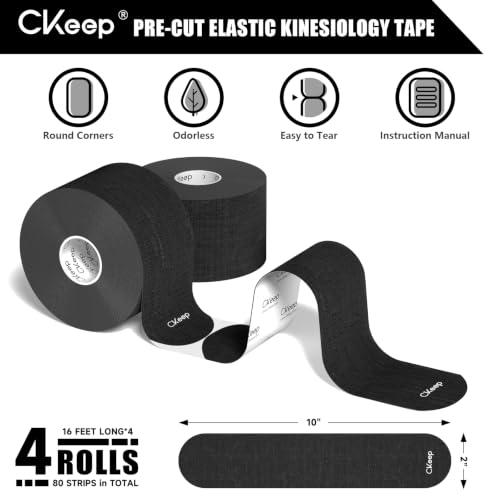 CKeep Kinesiology Tape, Elastic Precut Strips 4 Rolls, Black - color: Black, size: 4 Rolls