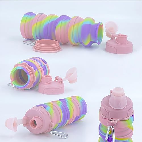 Collapsible Water Bottles Travel water bottle Sports Portable Sport Water Bottle Reusable Water Bottles comes with mountaineering Buckle 500ml silicone Water-proof camping water bottle - color: Pink+Pink camouflage, style: 2 pack