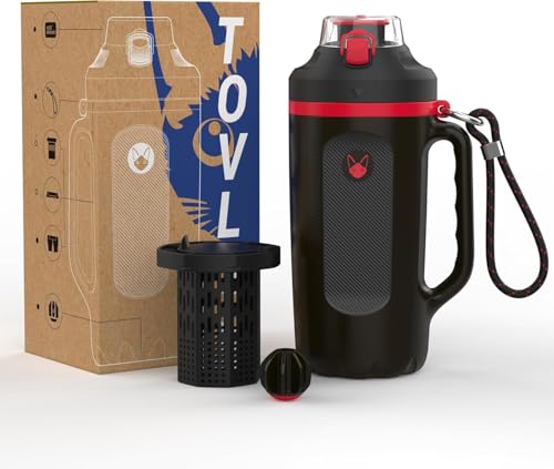 32oz Insulated Water Bottle Multi-Function Sports Jug with Handle & Magnetic Blender - Leak Resistant for Baseball Football Gym & Outdoor Activities (Black & Fiery Red) - color: Black & Fiery Red