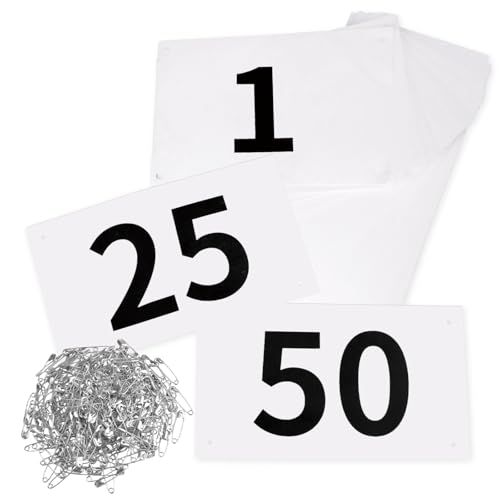 JEELAD Race Bibs 4" x 7" Running Bids Racing Numbers with Safety Pins Tyvek Tearproof Waterproof Number Cards 1-200 for Marathon Runners Sports Races Competition Events - color: White [4"x7"] 001-50