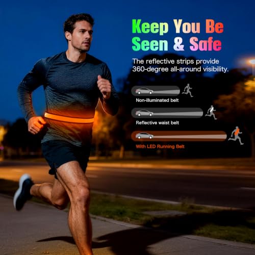 BSEEN LED Running Waist Belt - USB Rechargeable Reflective Glowing LED Waistband, Flashing Safety Light Belt for Runners, Joggers, Walkers, Pet Owners, Cyclists - color: RGB-S(90cm)
