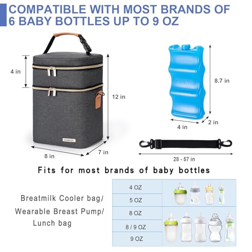 Breastmilk Cooler Bag with Ice Pack Fits 6 Baby Bottles Up to 9 Ounce, Double Deck Leak-Proof Baby Bottles Bag with Shoulder Strap for Nursing & Working Mom, - color: Dark Grey