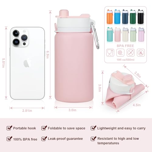 PLTCAT Collapsible Water Bottles, 19oz Foldable Silicone Travel Bottles - color: Pink