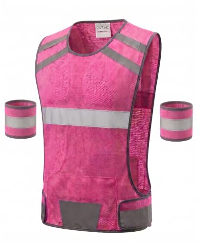 Mesh Safety Vest with Pocket & 2 Wrist Bands, High-Visibility Running Vest - color: Pink, size: Small