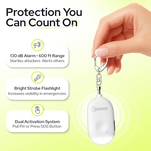 Rechargeable Personal Alarm Keychain, 130dB Siren, LED Light, White - color: D - White