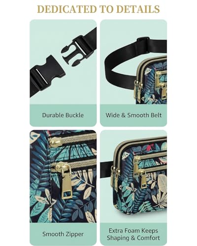 Fanny Packs for Women cross body bags, Waist Pack with Adjustable Strap - color: B-Blue Leaves, size: Double Layer