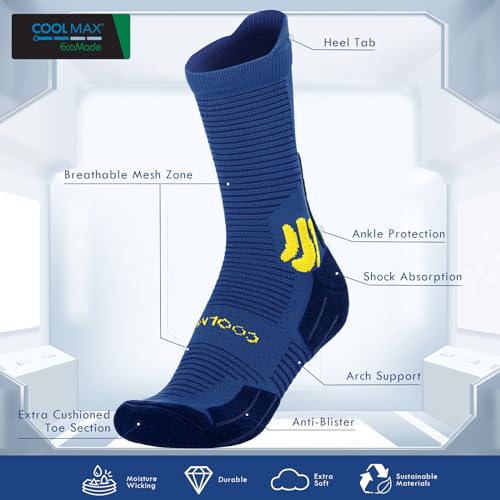 BRISIRA Coolmax Bamboo Viscose Compression Running Socks Crew Mid Calf - color: 3 Pairs Blue, size: 3-6