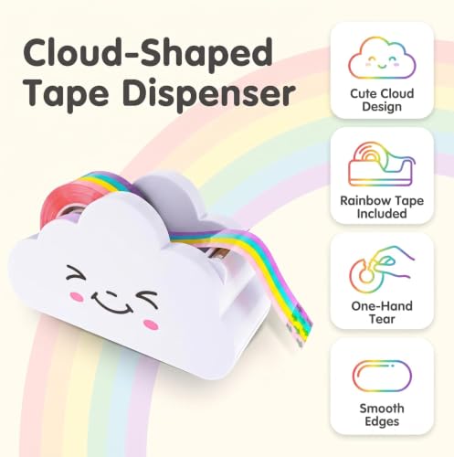 White Tape Desk Dispenser Cute Tape Dispenser Cloud Tape Cutter with Rainbow Novelty Tape Dispenser Holder for Home School Office Stationary Packaging Wrapping Craft Supplies Tape Dispensers