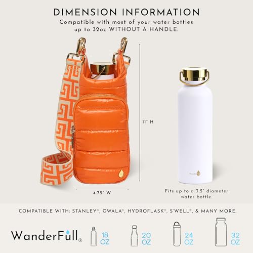 WanderFull Original HydroBag Crossbody Water Bottle Holder with Phone Pocket, Fits Water Bottles up to 32 oz - color: Orange Matte - Patterned Strap