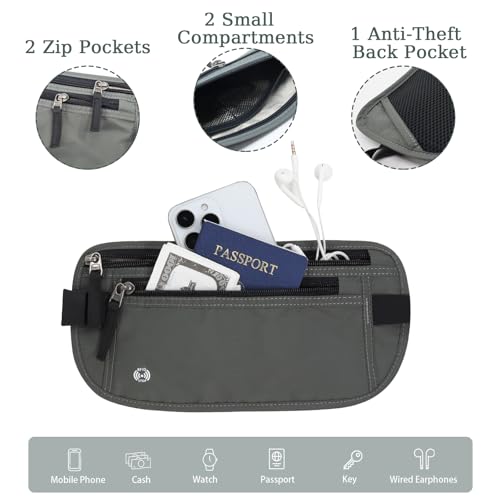 FuninCrea Waterproof Hidden Money Belt for Travel, Anti-Theft Belt Bag with RFID Blocking Function Adjustable Slim Waist Bag with 2 Zipper Pockets & 1 Back Pocket for Travel Running (B, Deep Grey) - color: B, Deep Grey