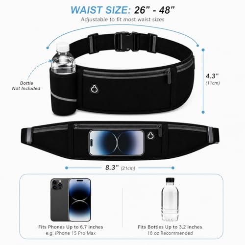 Slim No-Bounce Running Belt - Waterproof Exercise Waist Pack for Marathons, Hiking & Dog Walking - Hidden Travel Money Belt for Phones - color: Black(Bottle Holde)