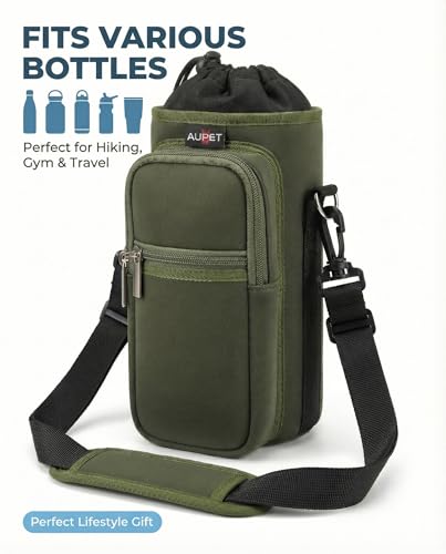 AUPET Water Bottle Sling Bag Sleeve Holder Carrier 25/32/40/64 oz,Insulated Crossbody Water Bottle Case Cover with Strap and Pockets for Men/Women Walking Hiking - color: Dark Olive Green, size: 40oz