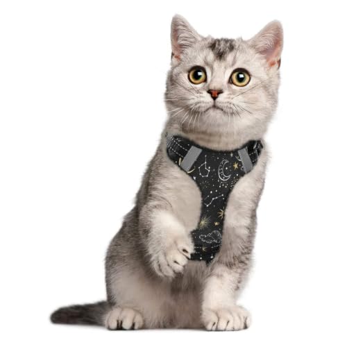 Yellow Stars and White Moon Dog/Cat Harness, Reflective No-Pull Pet Harness with 2 Leash Clips, Fully Adjustable Soft Padded Dog Vest, No-Choke Pet Oxford Vest - color: Yellow Stars And White Moon, size: M