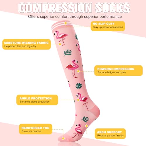 6 Pairs Compression Socks for Women Men Knee High - color: Animals, size: Small-Medium