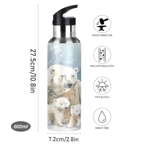 OTVEE Polar Bear Water Bottle Sports Water Bottle Insulated Stainless Steel Hot Cold Water Mug with Straw Lid & Handle for Sports Gym 20 oz - color: Polar Bear