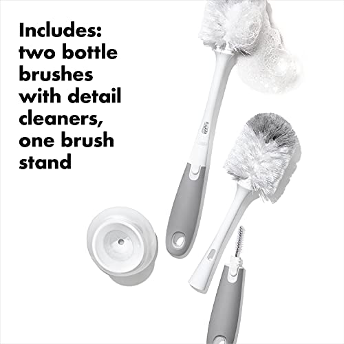 OXO Tot Baby Bottle Brush with Nipple Cleaner and Stand, Gray 2-Pack
