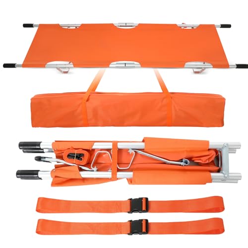 TrelaCo Folding Stretcher 81 x 21.3 x 5.4 Inch Aluminum Alloy Collapsible Gurney Emergency Portable Stretcher with Heavy Duty Handles Rubber Feet for Ambulance Patient Transport, Orange
